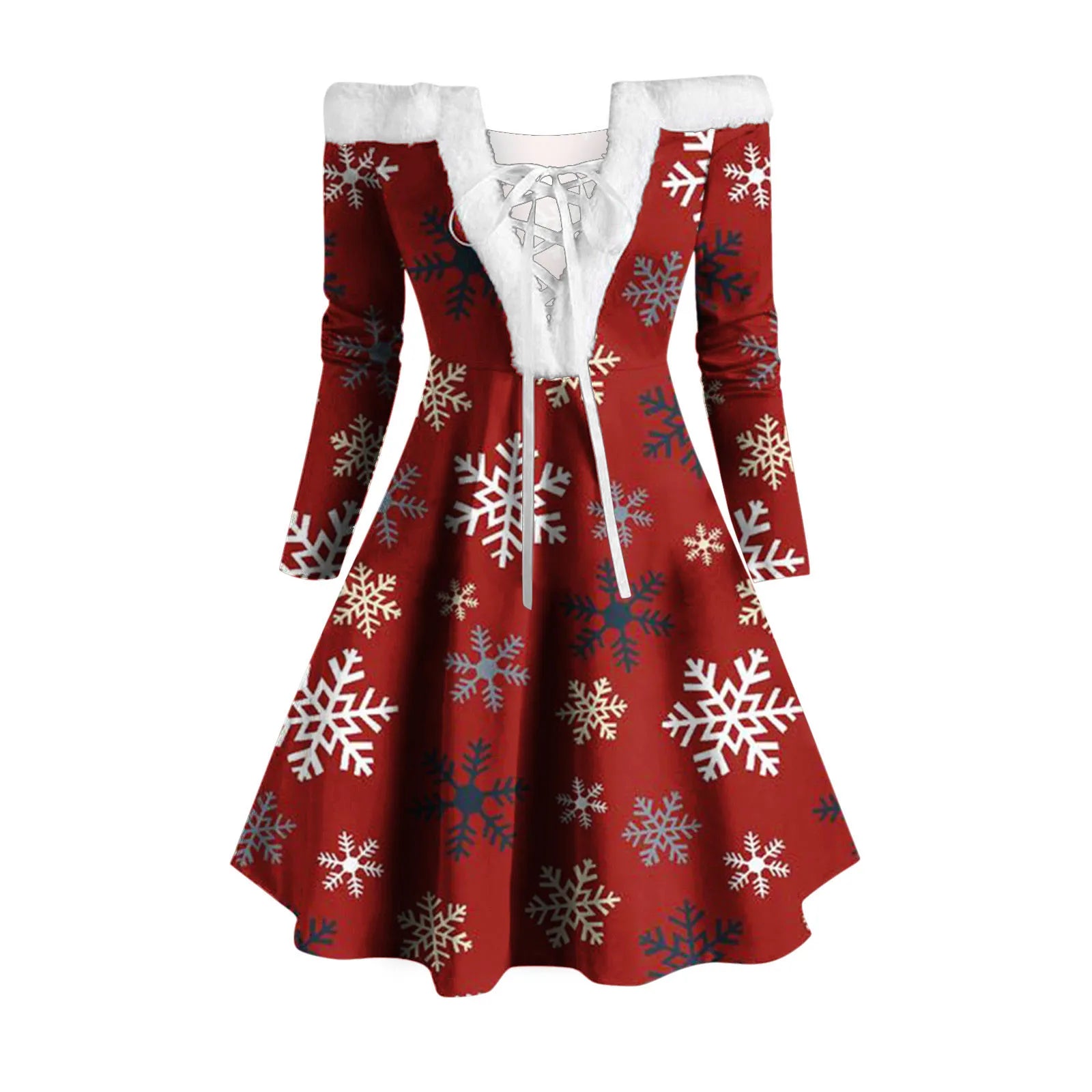 Elegant Snowflake Off Shoulder Long Sleeve Faux Fur Collar Christmas Dress