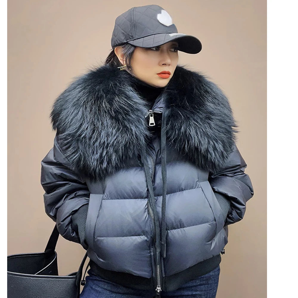 Winter Puffer Large Real Raccoon Fur Collar Short Parkas Thick Warm 90% Goose Down Coat