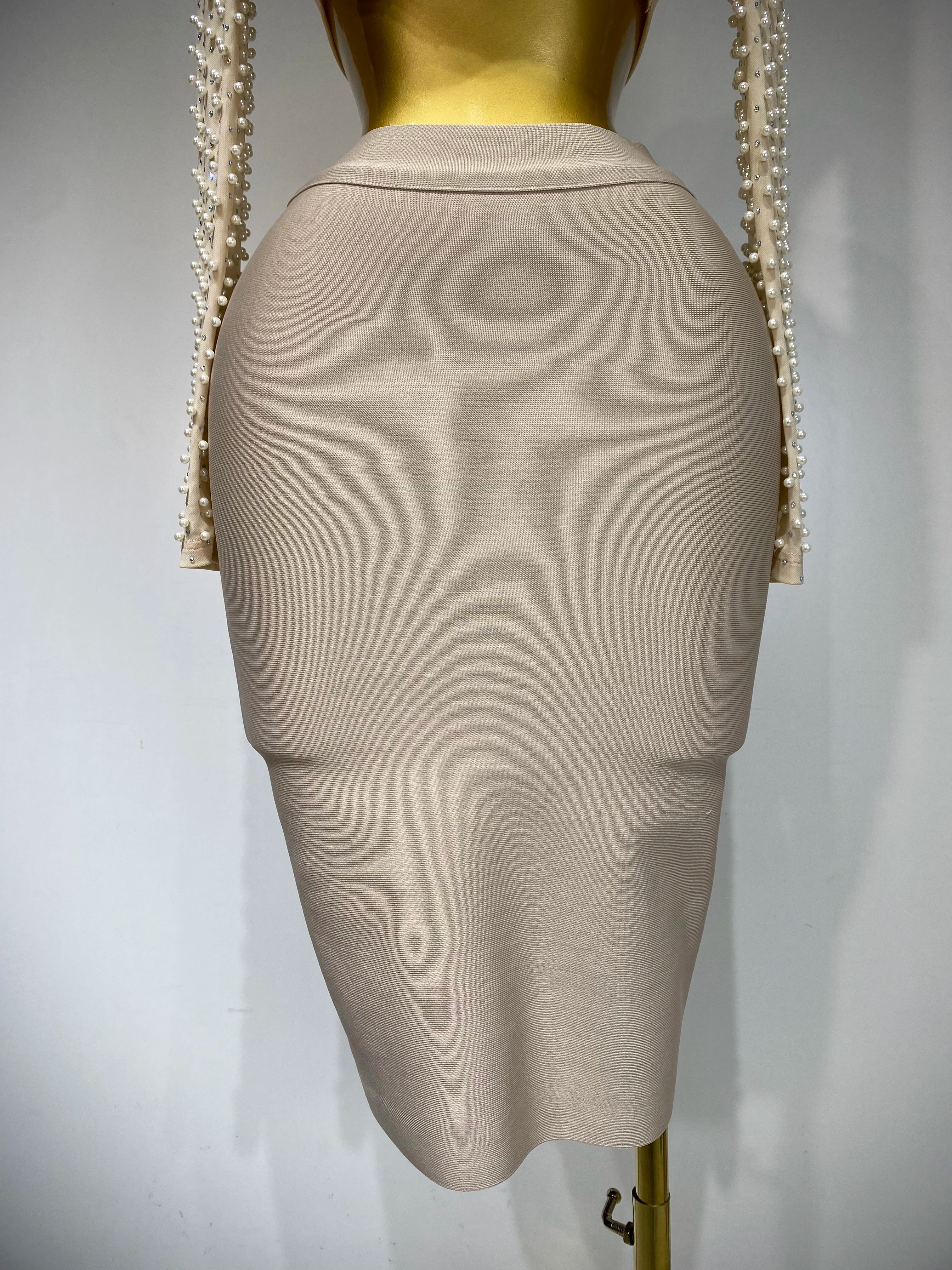 Long Sleeve Mesh Pearl Top  Midi Skirt Bandage Two Set