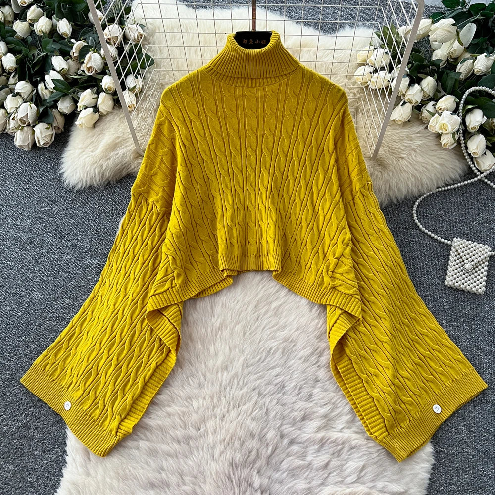 Turtleneck Sweater Suits Batwing Sleeves Short Pullovers+Bodycon Tank Dress Knitted 2Pcs Sets