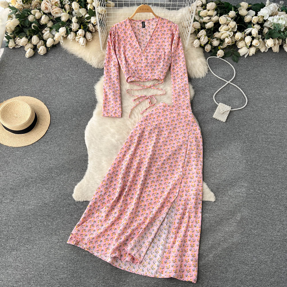 Chiffon Two Pieces Suits Lace Up Top+ Split Long Skirt Sets