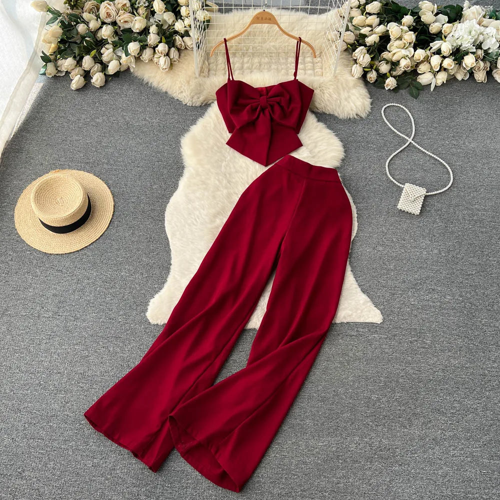 Bow Strap Top+High Waist Casual Wide Leg Long Pants Two piece Set