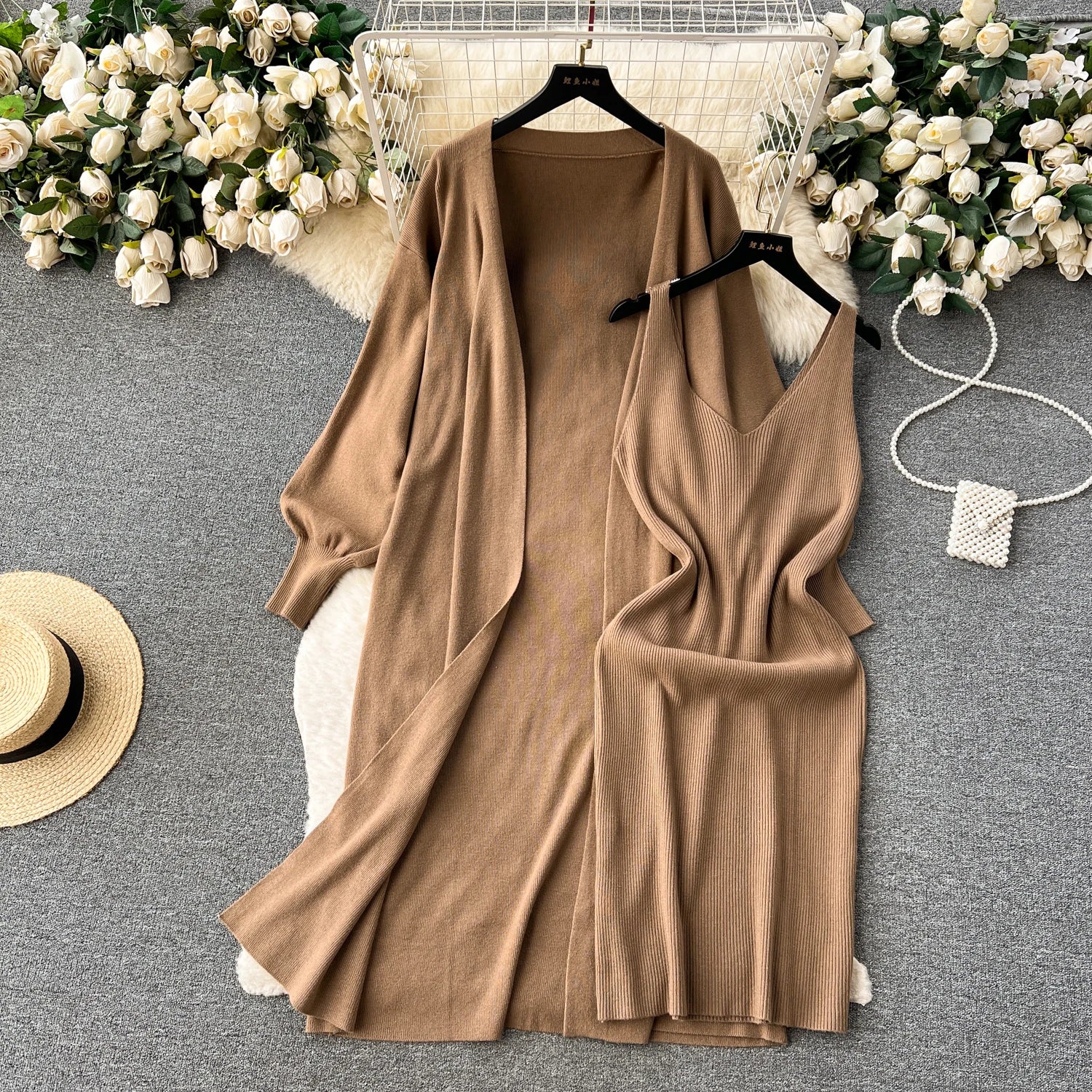 Knitted Two Pieces Suits Loose Cardigan+V Neck Tank Bodycon Mini Slim Skirt Set