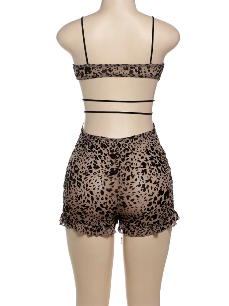 Flocking Leopard Print Backless Tassel Coquette Thin Midnight Playsuit