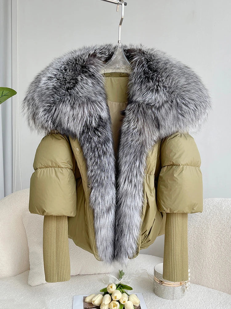 Real Silver Fox Fur Collar  Duck Down Puffer Coat