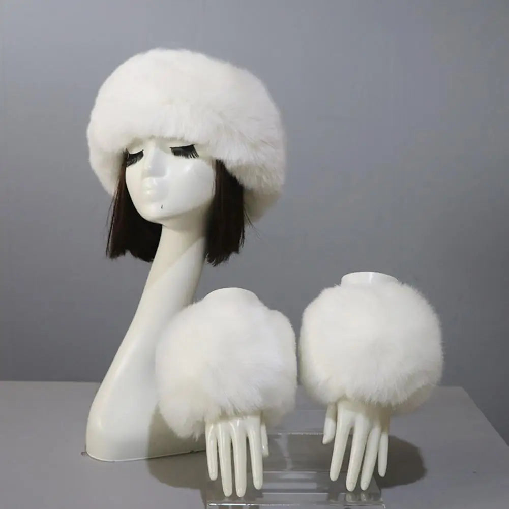 Fluffy Faux Fur Empty Top Soft Keep Warm Elastic Cozy Hat Cuffs Set for Outdoor