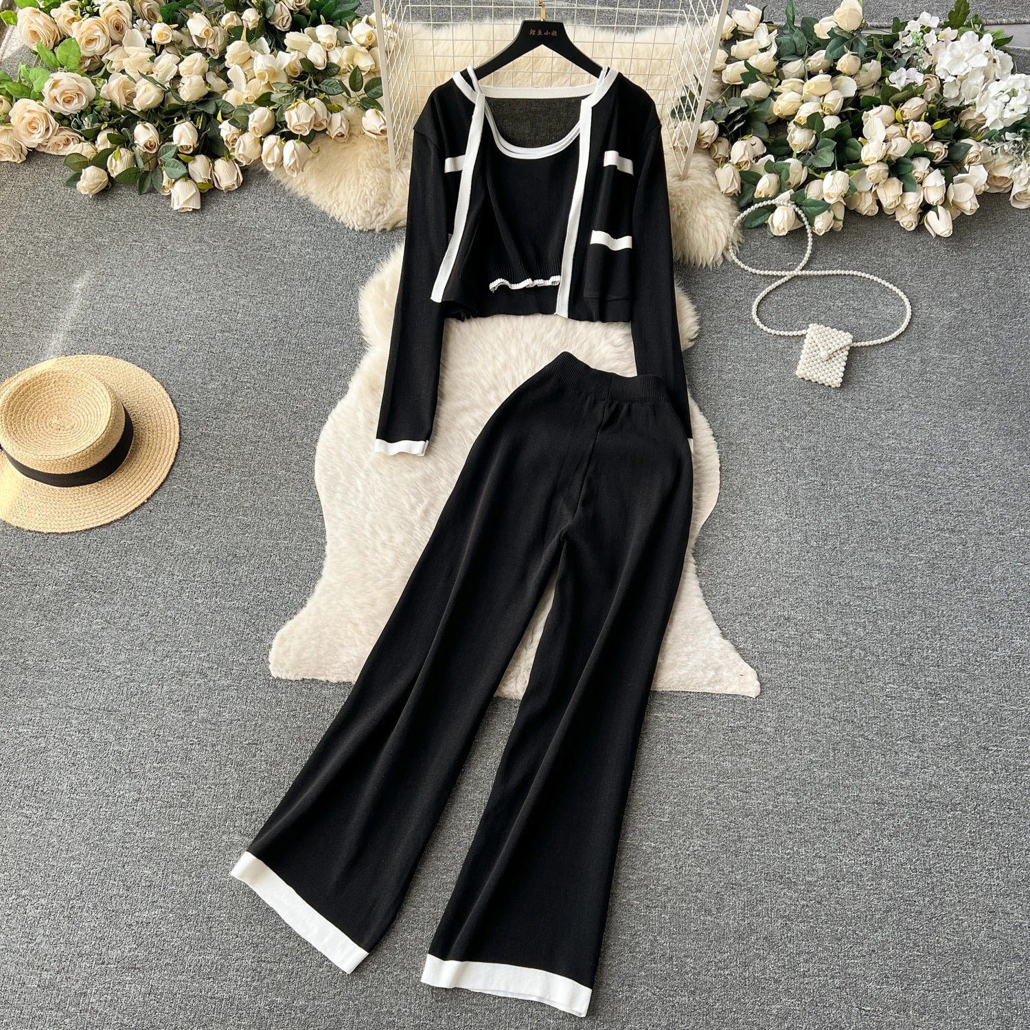 Three Pieces Sets Tank Top+Long Sleeves Short Cardigan+Elastic Long Pants Set
