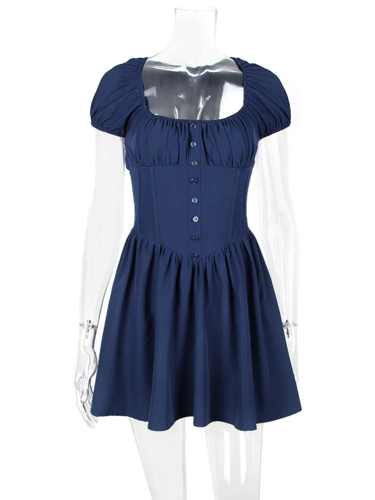 Short Sleeve Backless A-line Square Collar Pleated Mini Dress