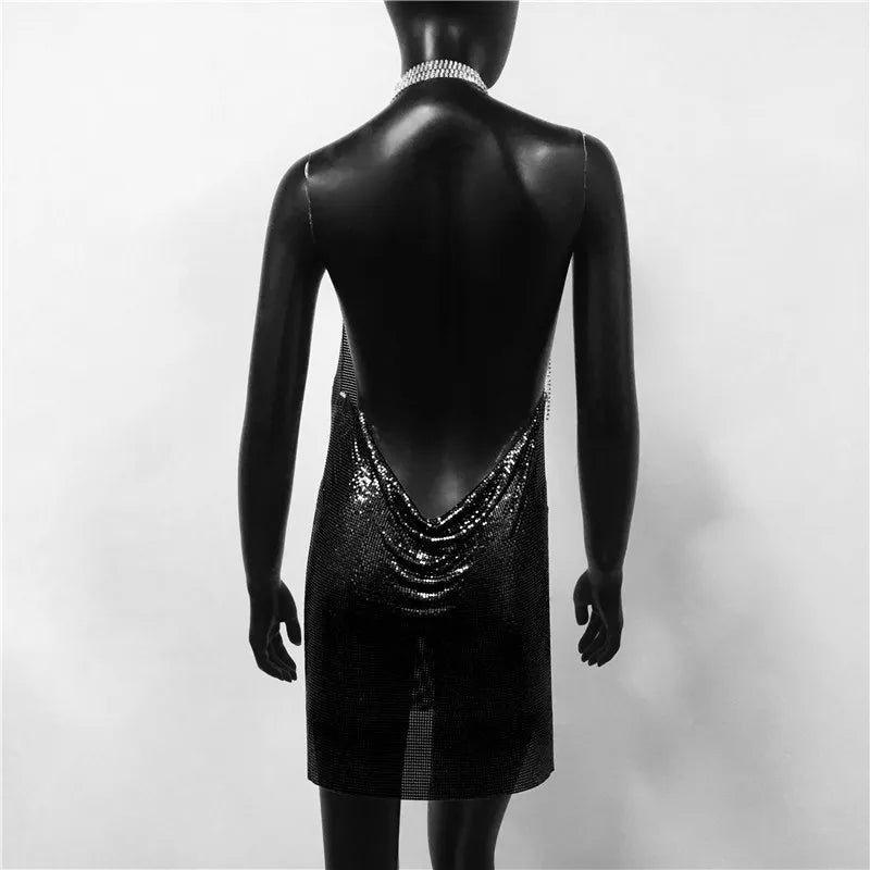 Backless Spaghetti Strap Metal Sequins Low Cut Dress