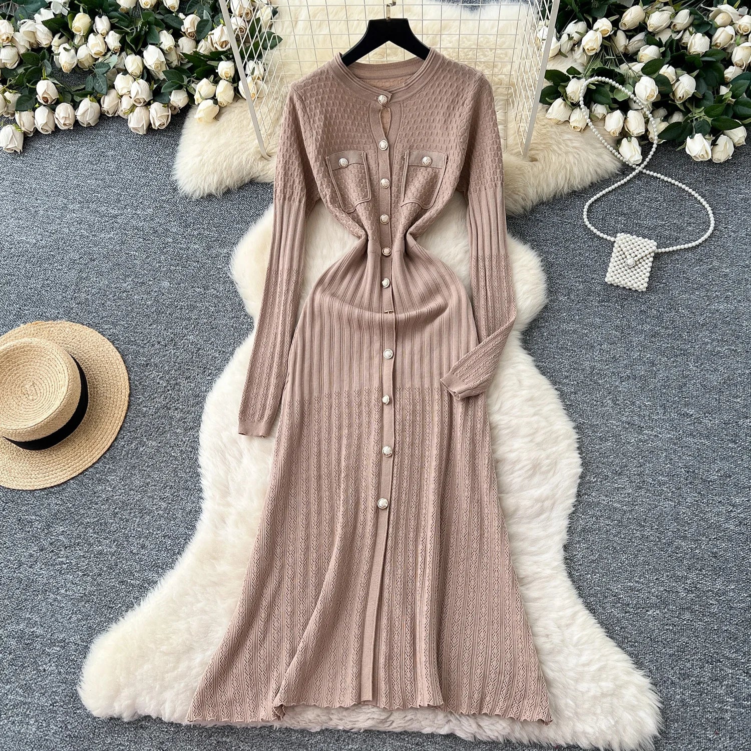 High-Waisted Knitted Long Autumn Hollow out Dress