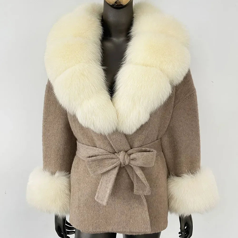 Winter Loose Outerwear Casual Natural Real Raccoon Fox Fur Blends Wool Coat