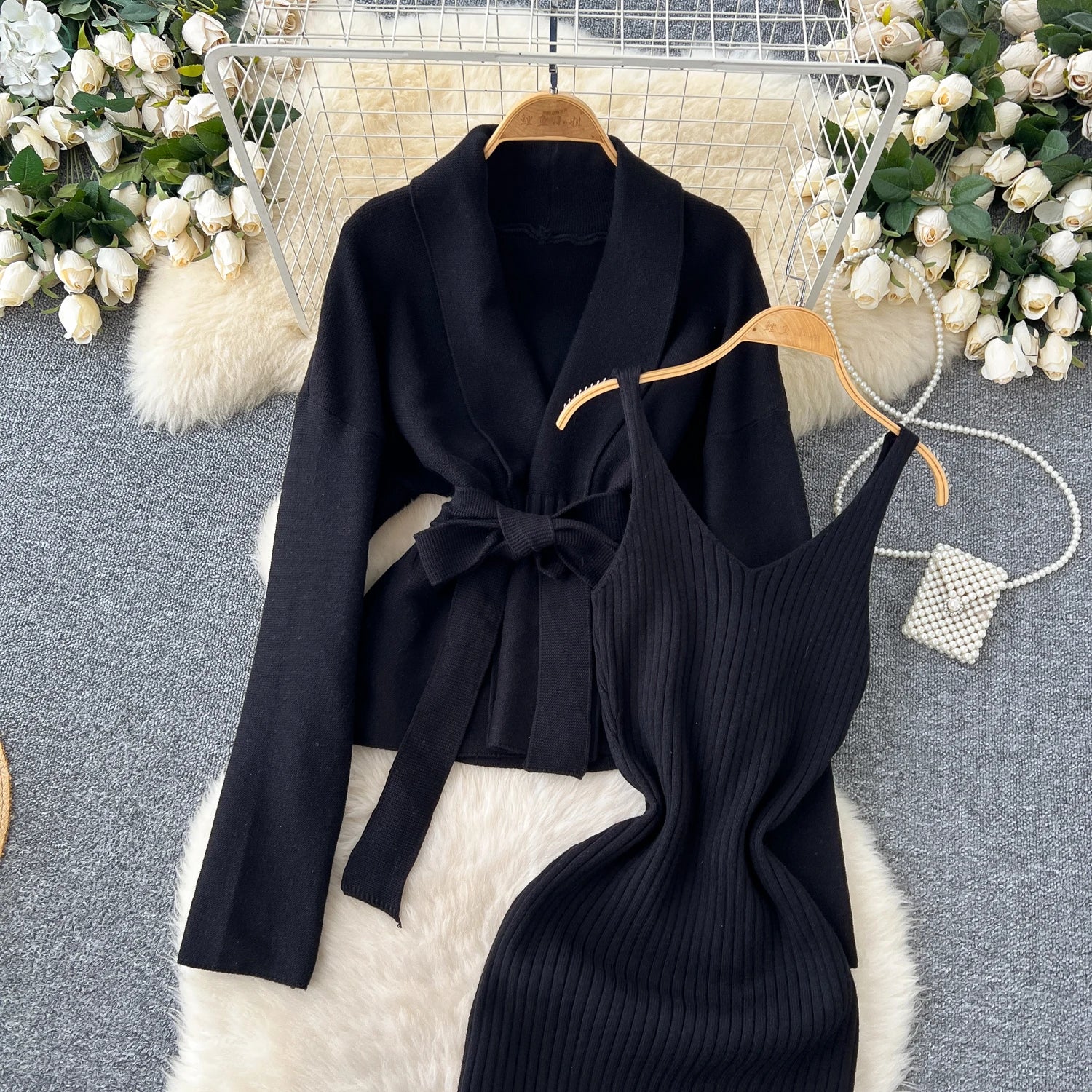 Lace Up Slim Cardigan+Sling Long Bodycon Solid Sweater Dress Two Piece Set
