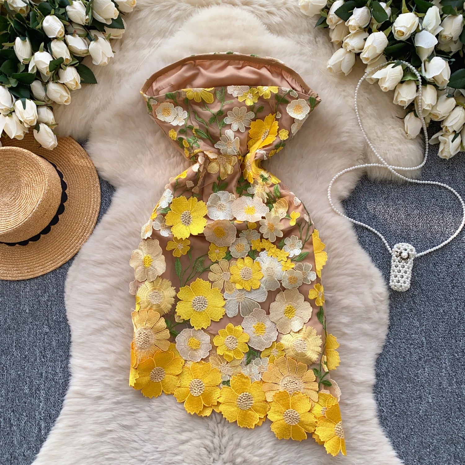 Chic Bodycon Embroidery Floral Irregular Strapless Evening Dress