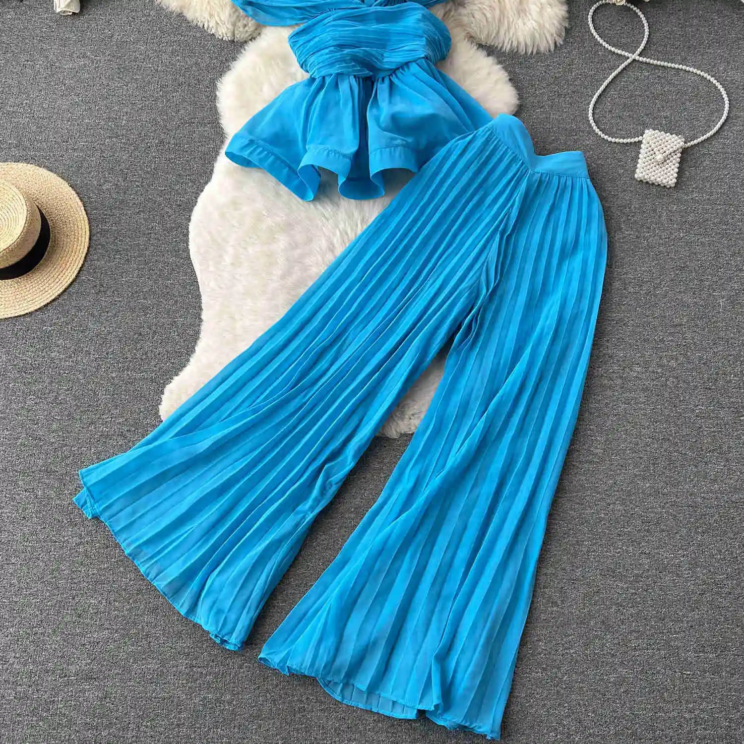 High End Elegant Pleated Sleeveless Chiffon Top+High Waist Wide Leg Pants Two Piece Set