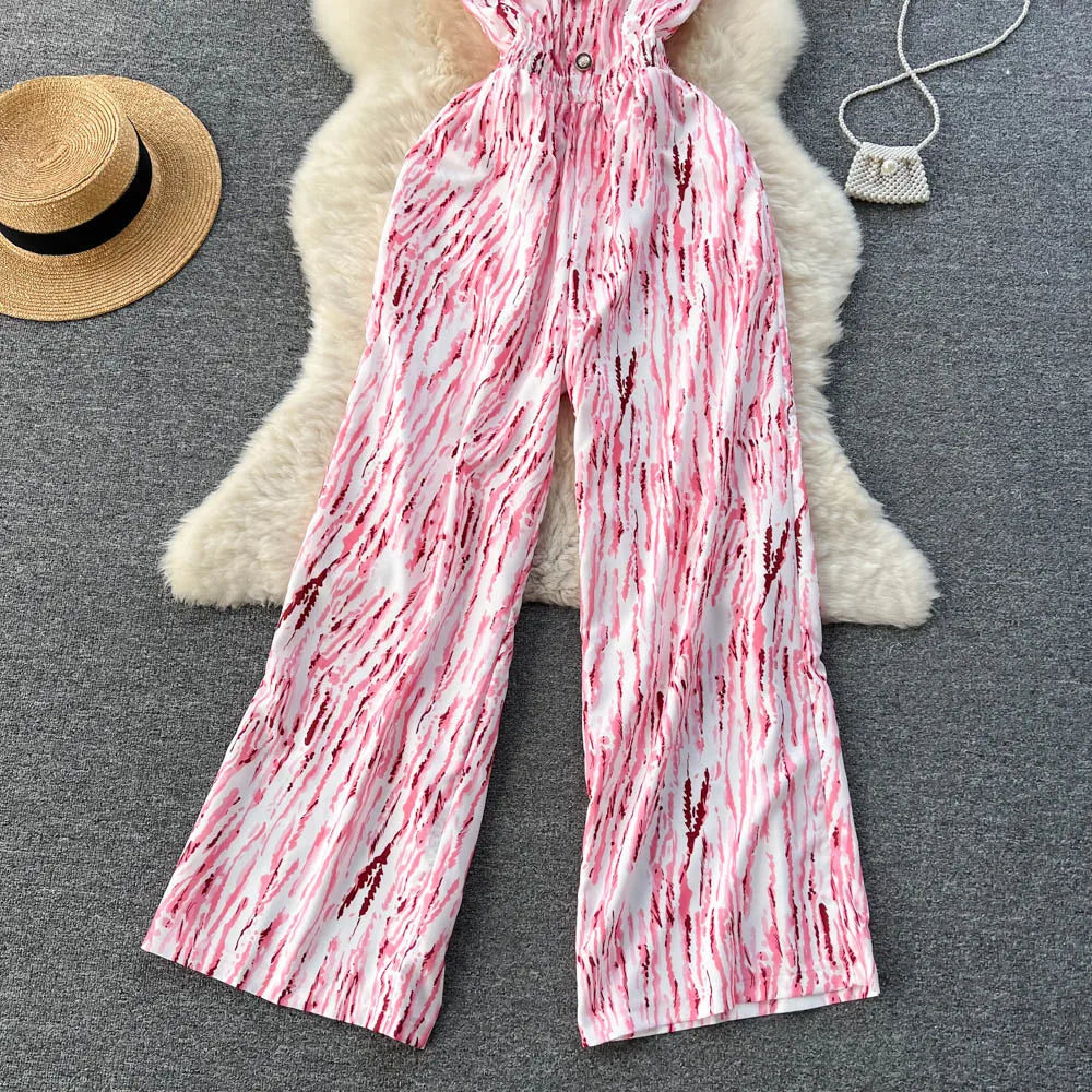 Halter Strapless Backless Loose Wide Legs Pants Beach Style Striped Jumpsuits