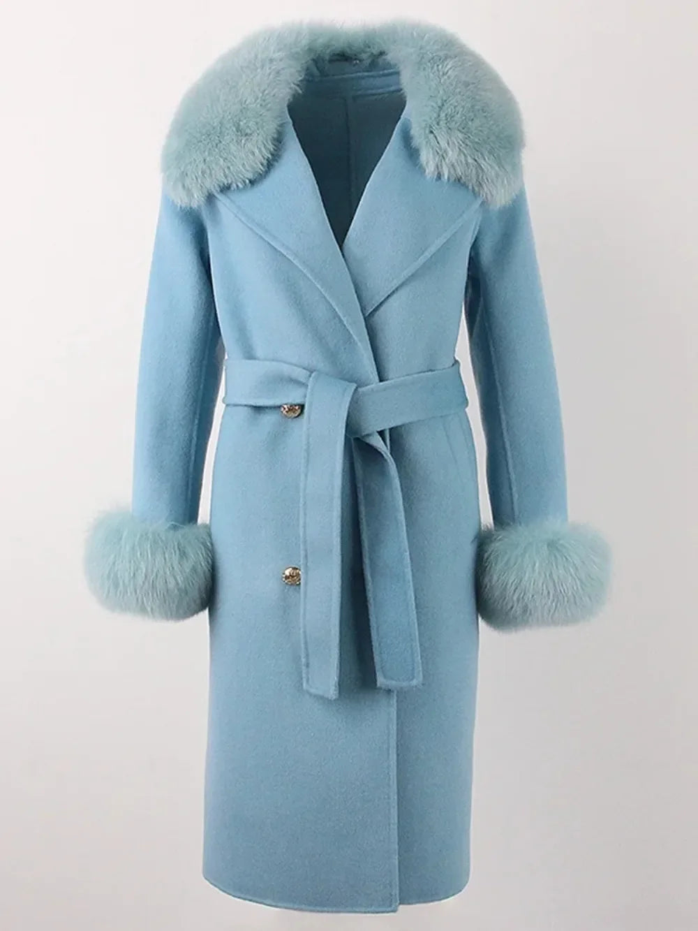 Real Fur Natural Wool Blends Cashmere Double Breasted Belt Warm Coat