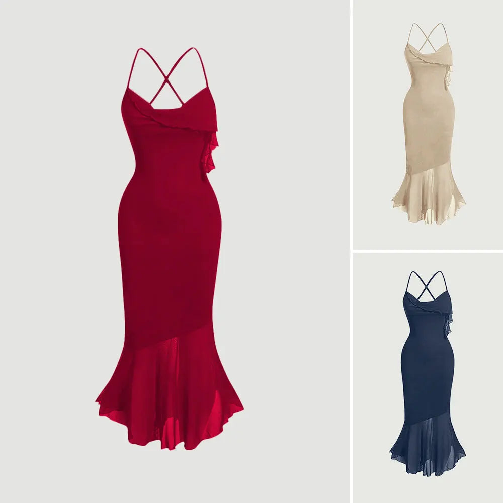 French Plain Flounce Sleeveless Square Neck Draped Backless MIDI Dress