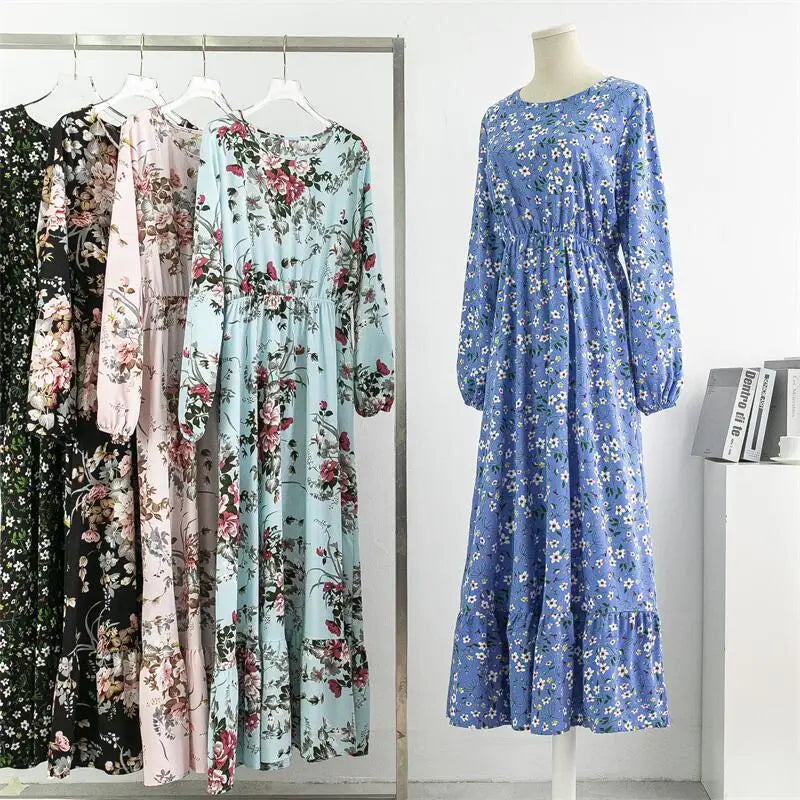 Spring Summer Chiffon Dresses Casual Floral Printed Bark Crinkling Long Dresses