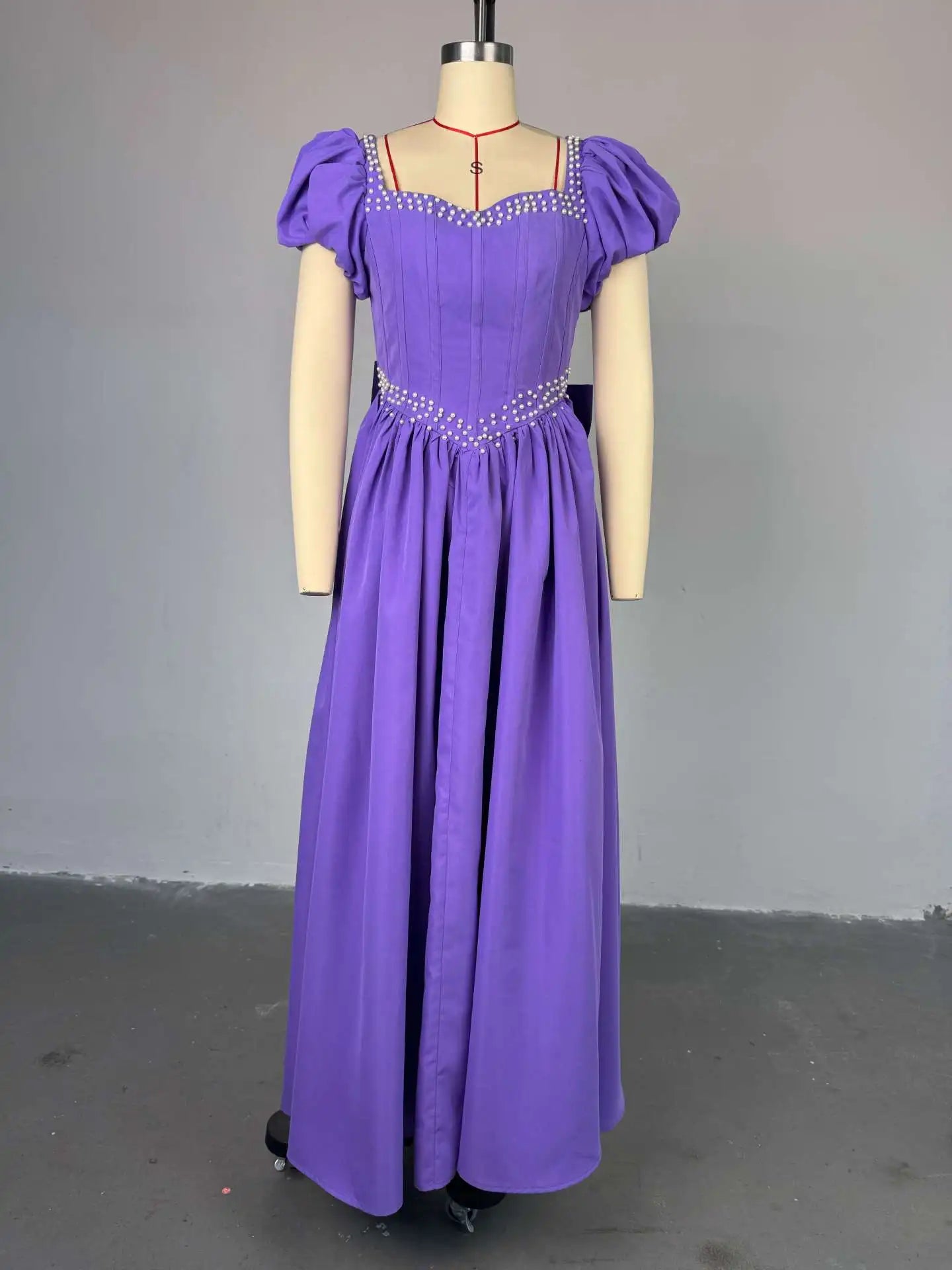 Pleated  Maxi Long A Line Puff Sleeve High Waist Dress