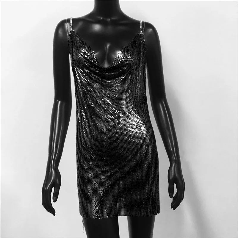 Backless Spaghetti Strap Metal Sequins Low Cut Dress