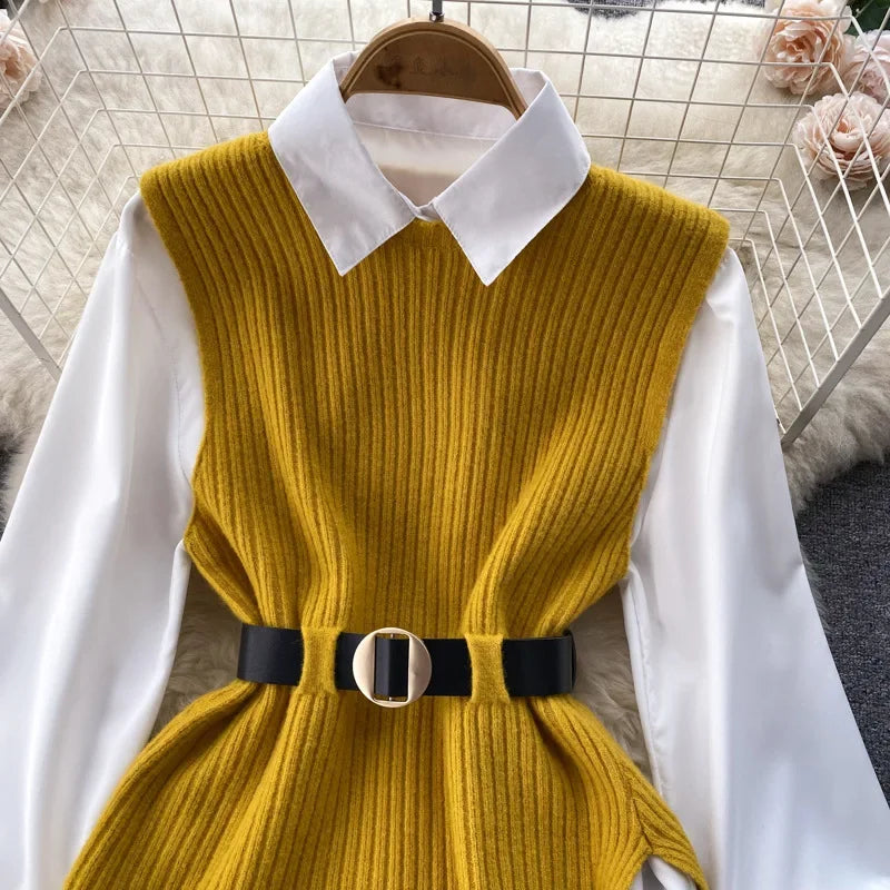 Luxury Style Loose-fit Long Sleeve White Shirt Side Slit Knit Vest 2-piece Set