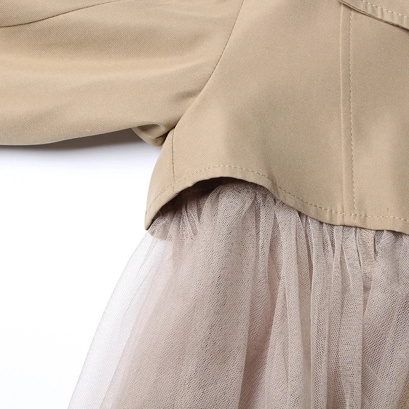 Loose Mesh Stitching Casual High Waist Long Trench Coat