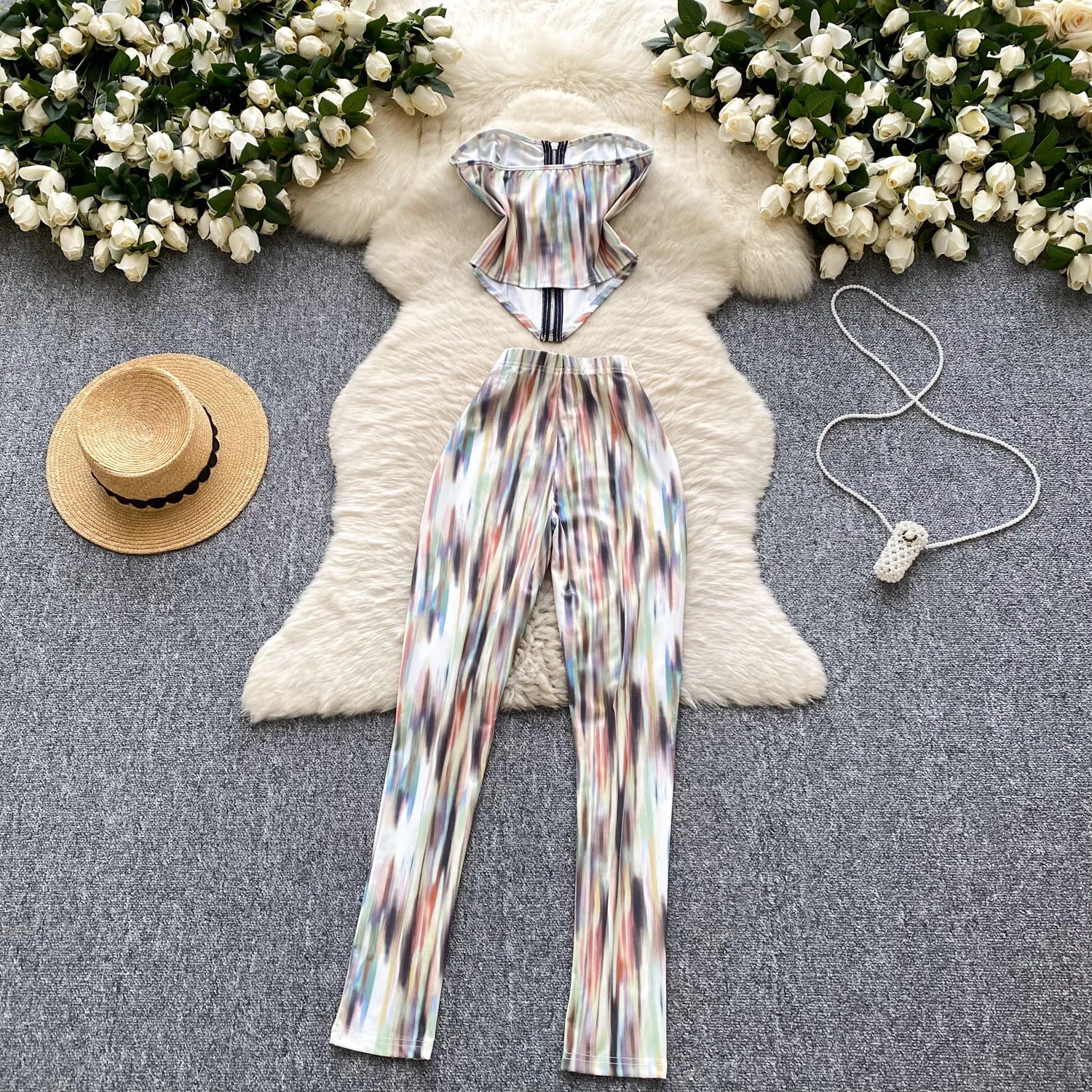 Two Piece Sets Strapless Zipper Tops+Bodycon Long Pants Suits