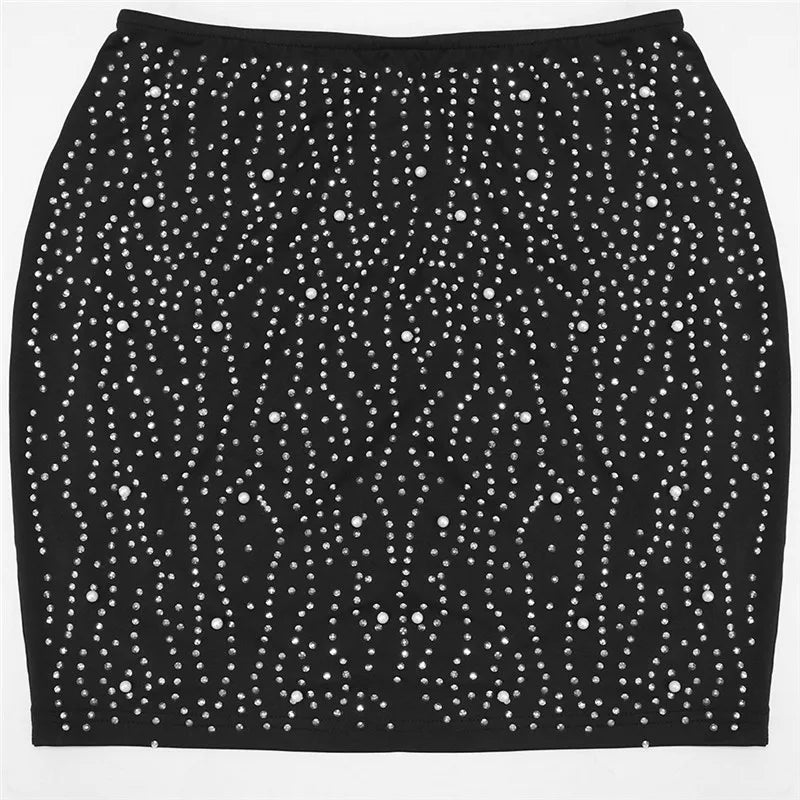 Two Piece Set Strap Mesh Rhinestone Top and Diamonds Mini Skirts Sets
