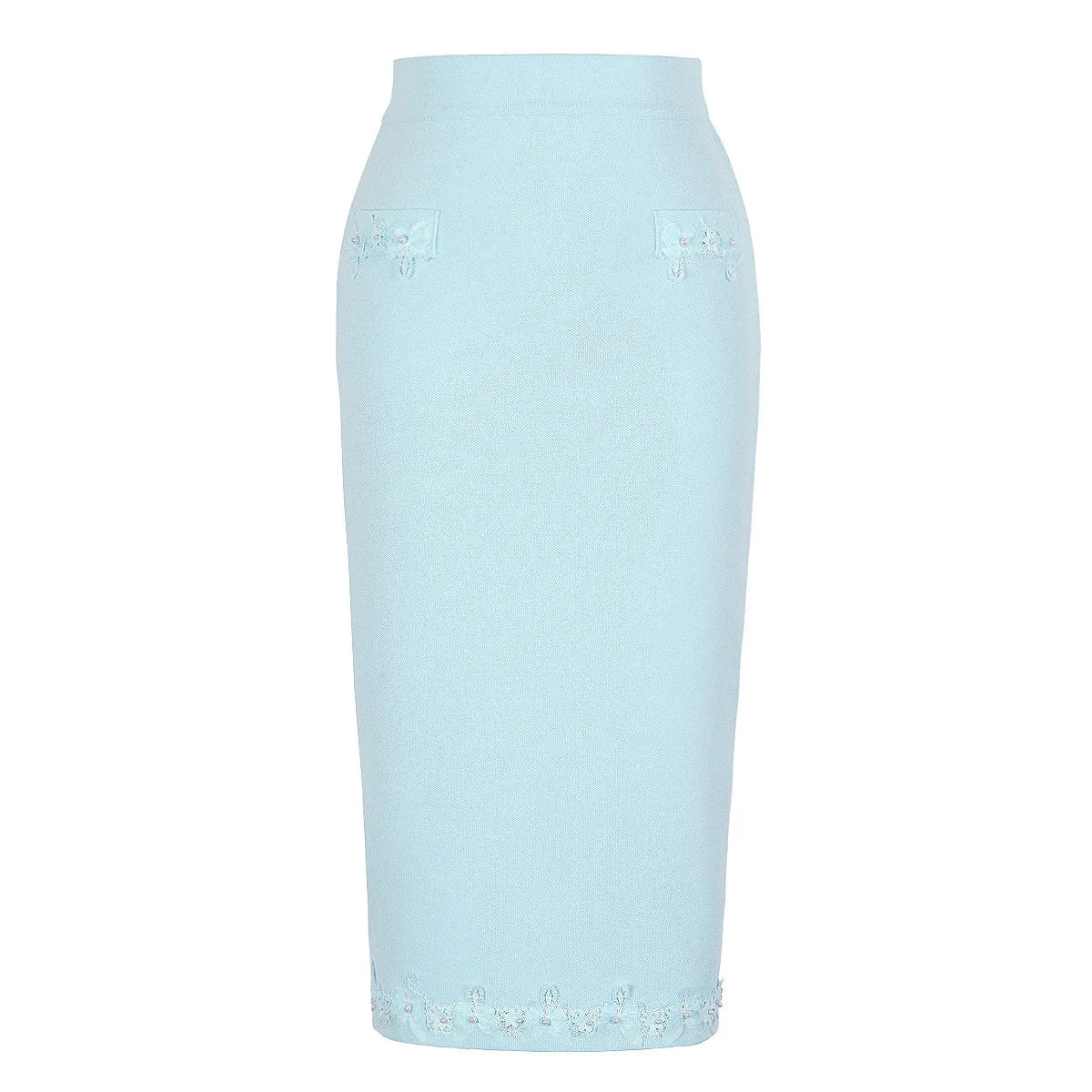 French Elegant Beaded Flower Short Sleeve Knitted Tops High Waist Slim Fit Bodycon Skirts Two-Piece Set