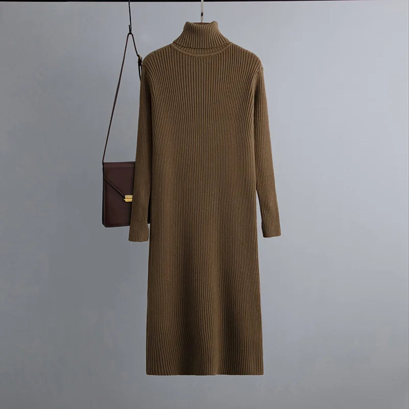 Casual Autumn Winter Knit Sweater Dress  Long Sleeve Turtleneck Bodycon Dress