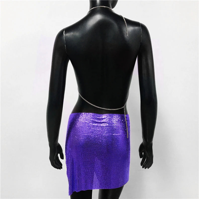 Metal Sequins 2 Piece Set Backless Halter Tank Tops Split Mini Skirts