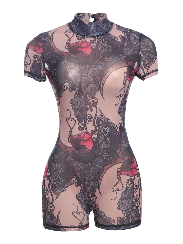 Backless See Through Short Romper