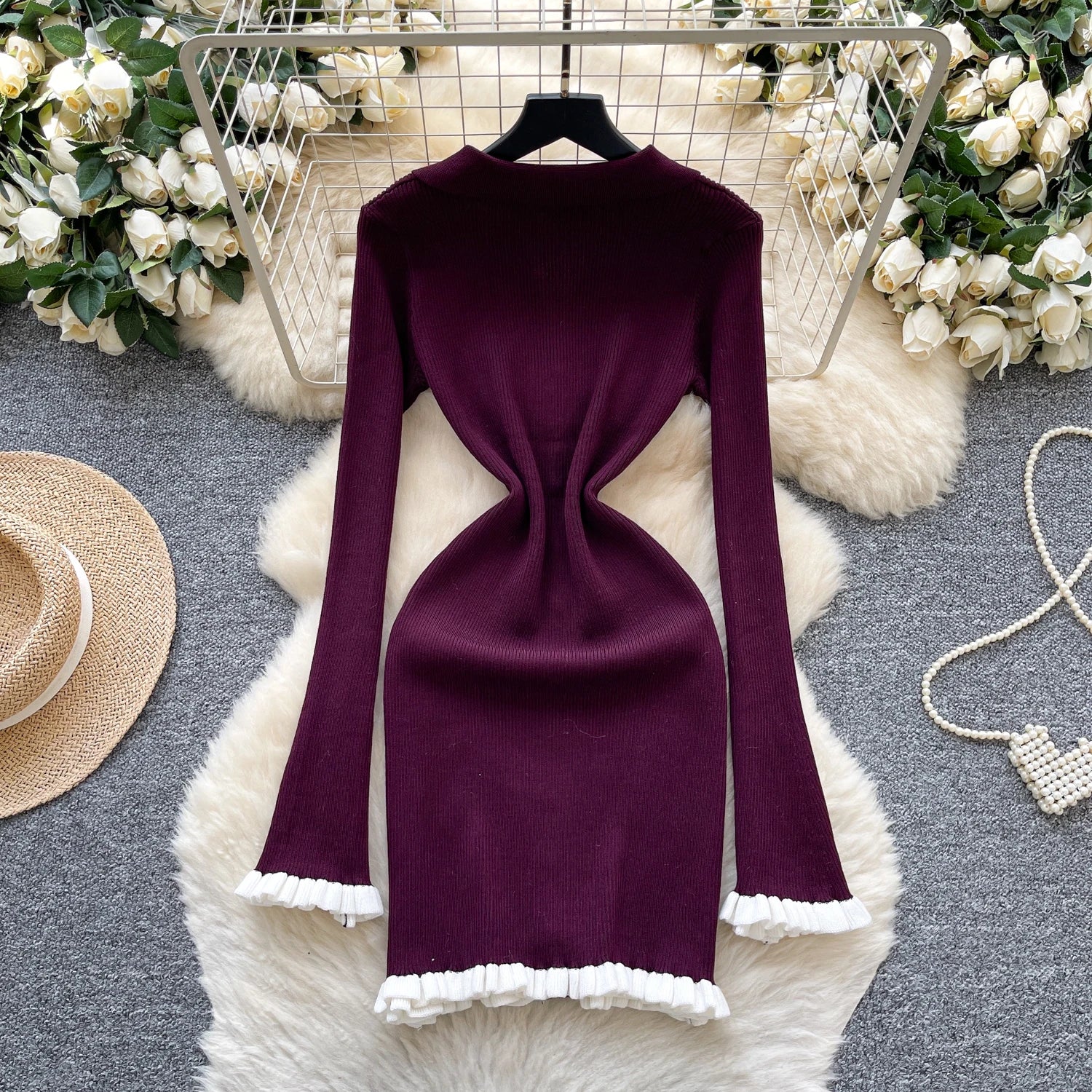Chic vintage Spliced bodycon long sleeve Knit mini dress