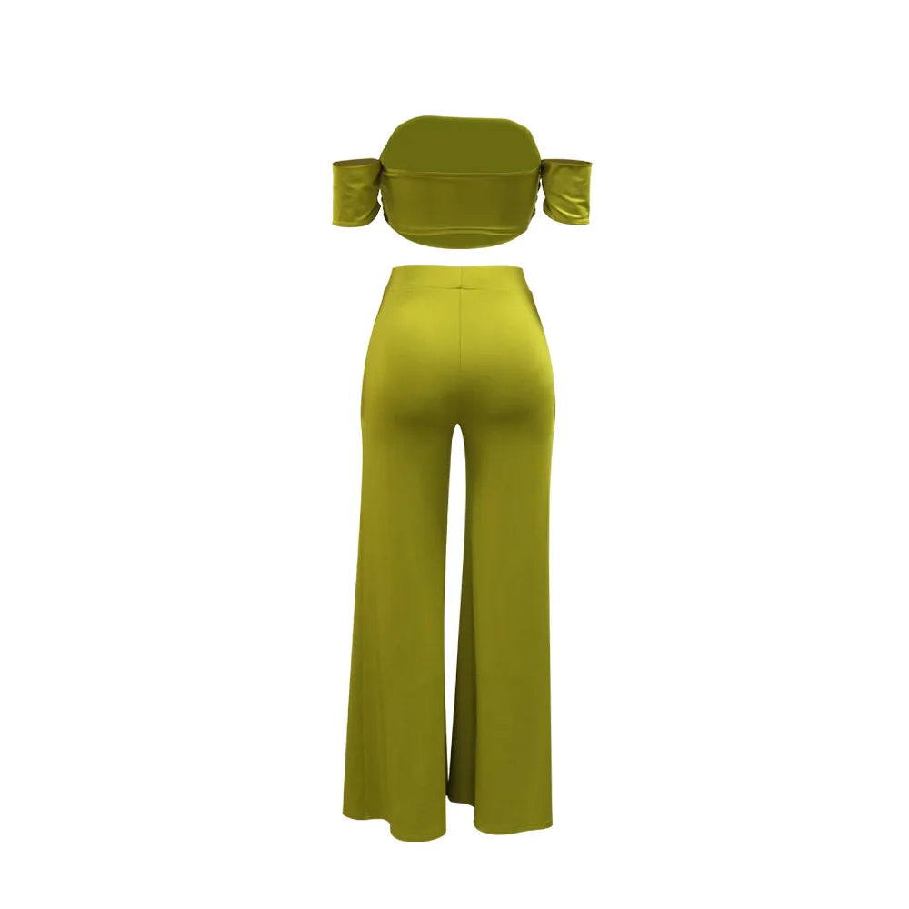 Short Sleeve Slash Neck Ruched Tops and Wide Leg split Pants Two 2 Piece Sets Outfit