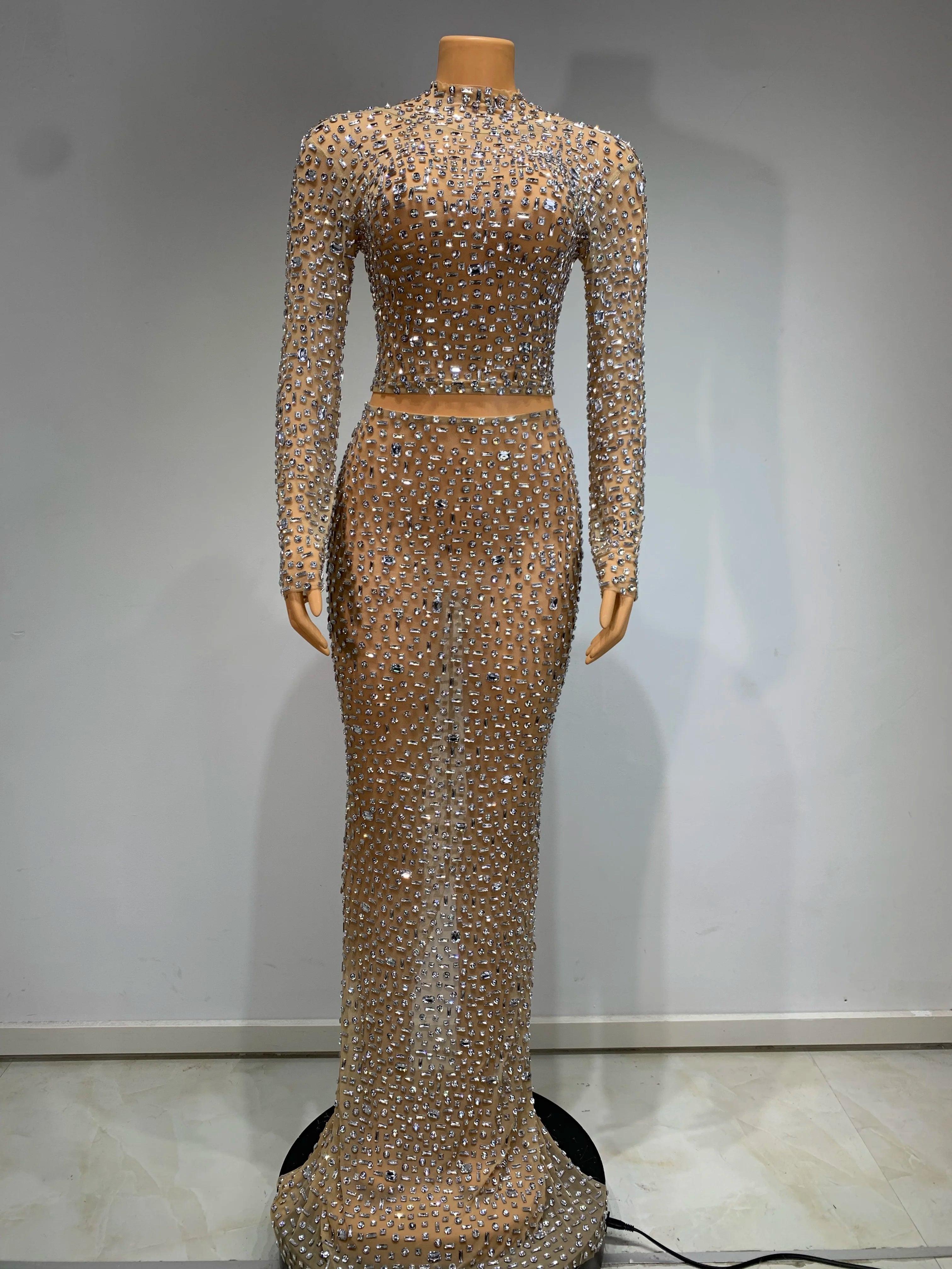 Long Sleeves Top Long Skirt Rhinestone Two Piece Set