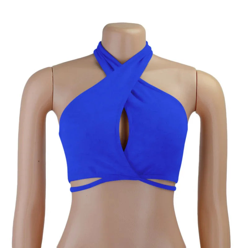 Off Shoulder Cross Wrap Halter Crop Tops