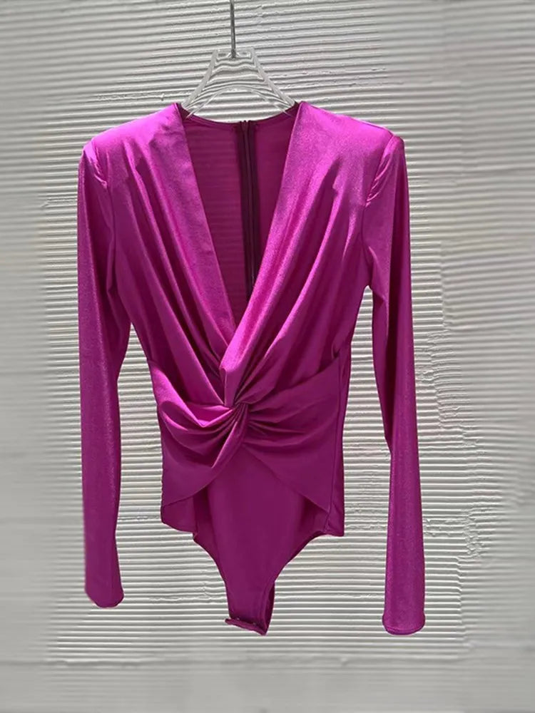 Solid Folds Twist V Neck Long Sleeve High Waist Slim Blouse