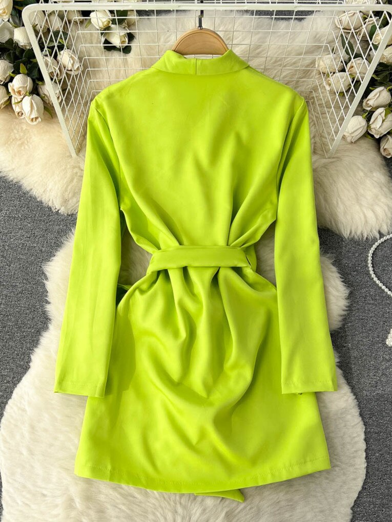 Notched Collar Long Sleeve Bow-tied Sash A-line Casual Office Lady Short Dress