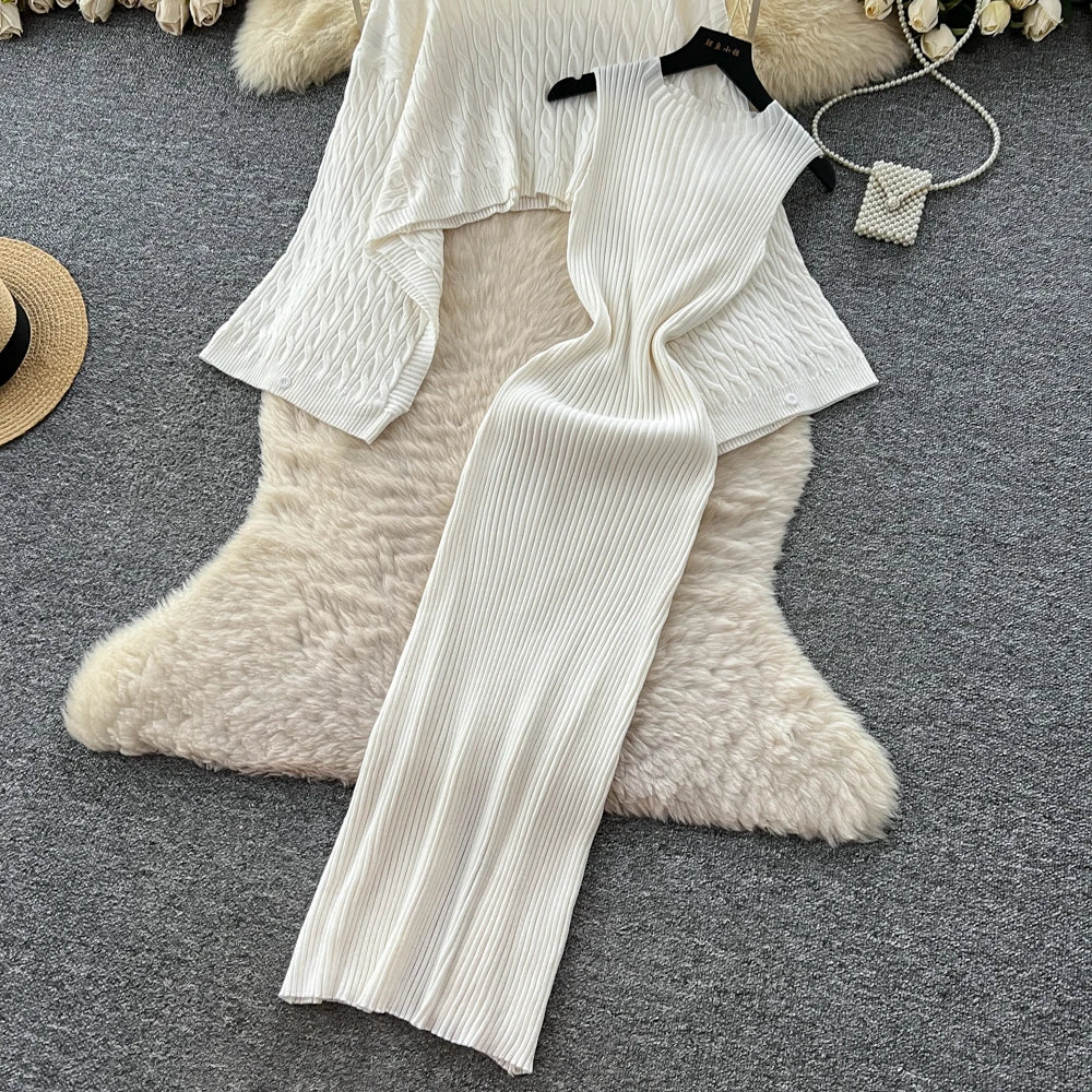 Turtleneck Sweater Suits Batwing Sleeves Short Pullovers+Bodycon Tank Dress Knitted 2Pcs Sets