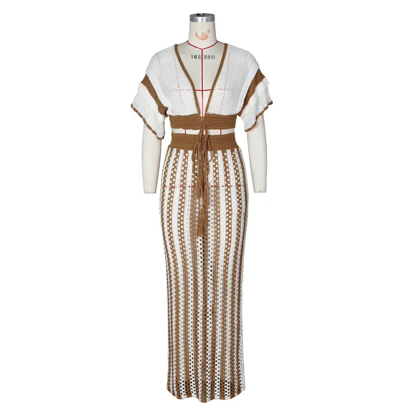 Striped Knitted Two Piece Set Y2K Hollow Out V-neck Crop Top and Long Skirt