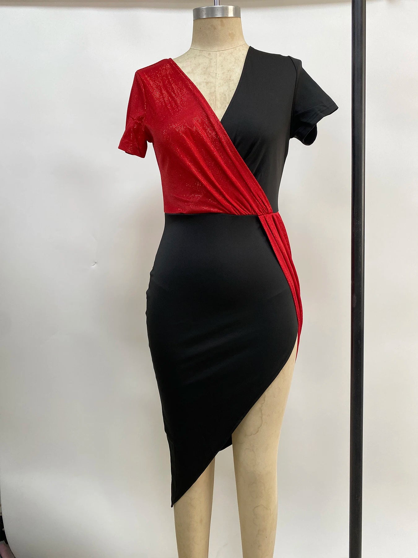 high waist pure color temperament commuter skirt short-sleeved waist dress