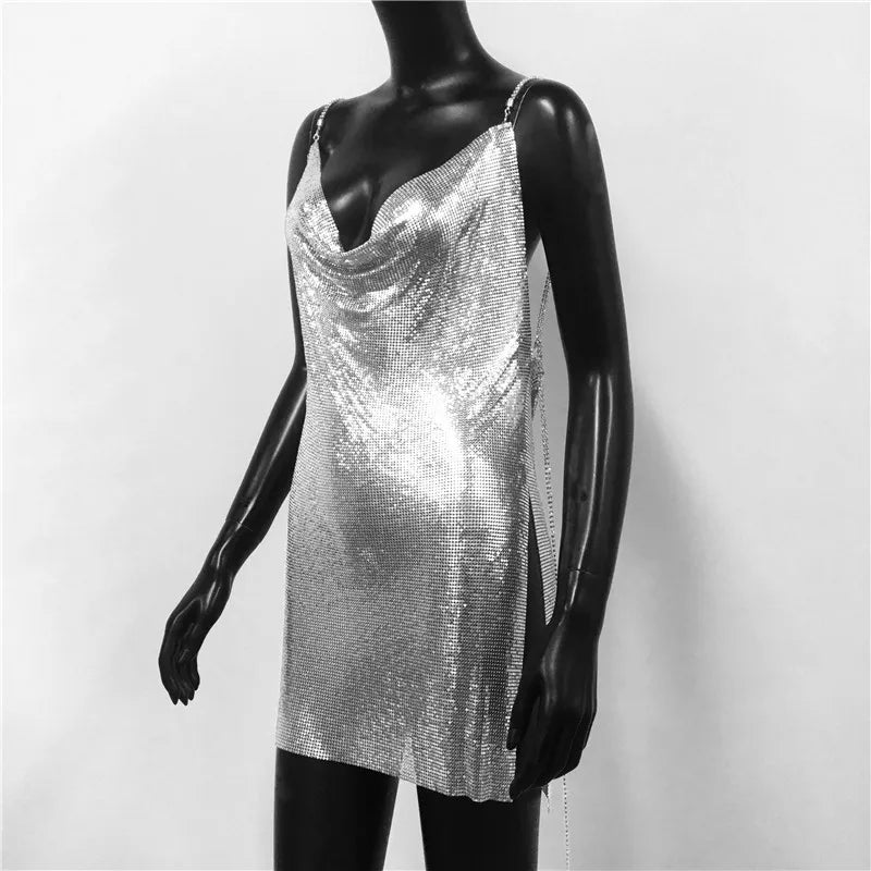 Backless Spaghetti Strap Metal Sequins Low Cut Dress