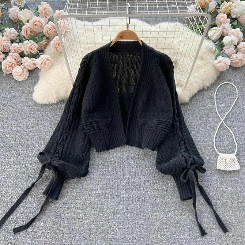 Knitted Crop Cardigans Sweet Winter Korean Elegant All Match Cardigan Lantern Sleeve