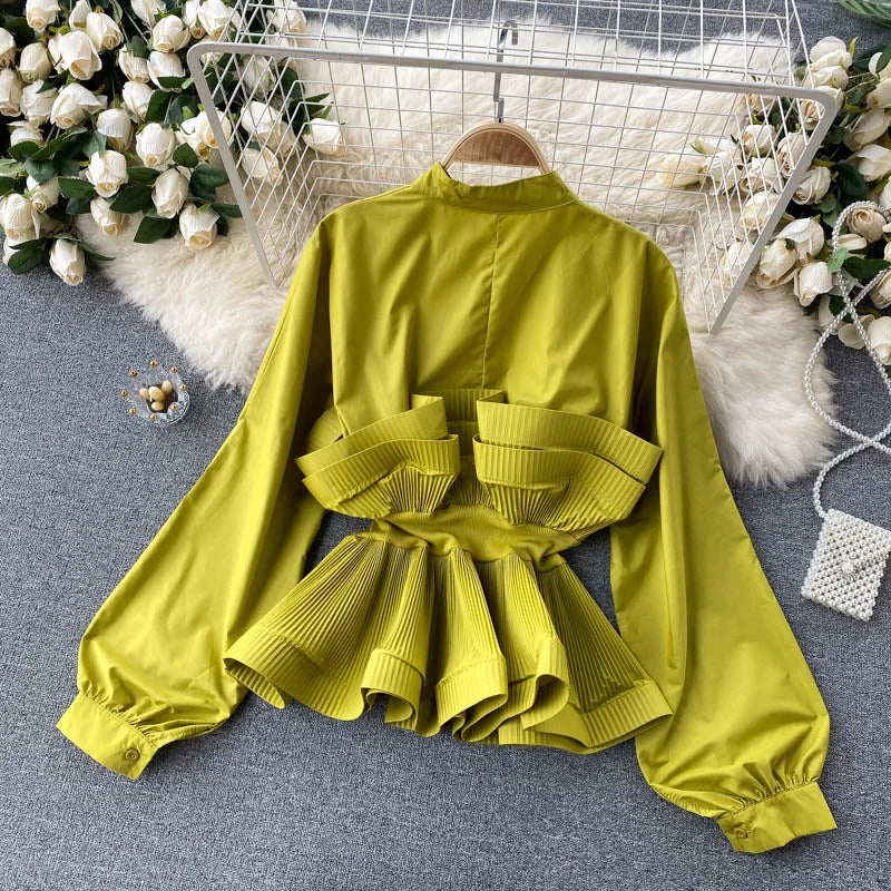 Puff Sleeve Pleated Ruffle Elegant Patchwork y2k Blouse