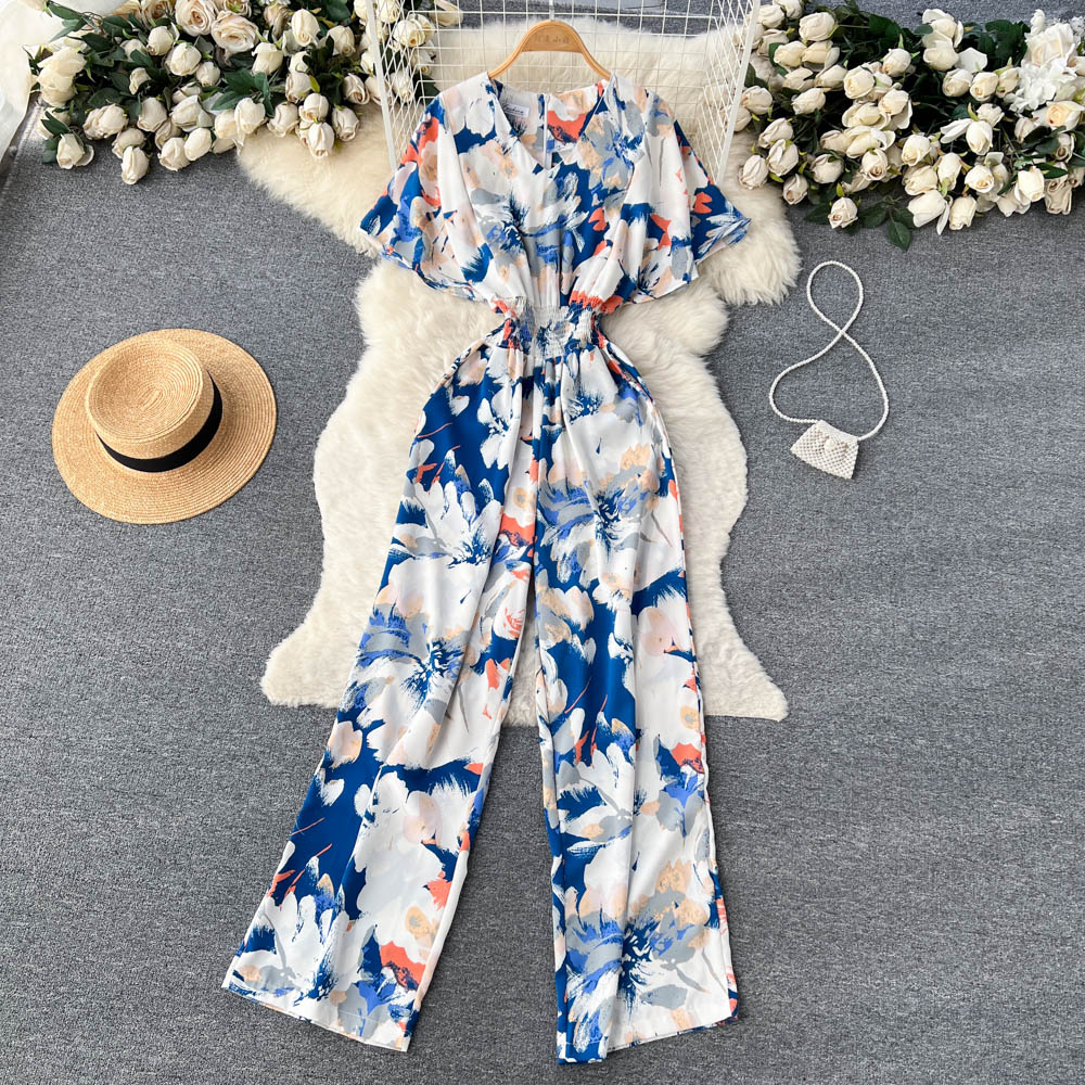 Floral V Neck Jumpsuits Retro Long Rompers