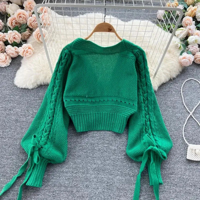 Knitted Crop Cardigans Sweet Winter Korean Elegant All Match Cardigan Lantern Sleeve