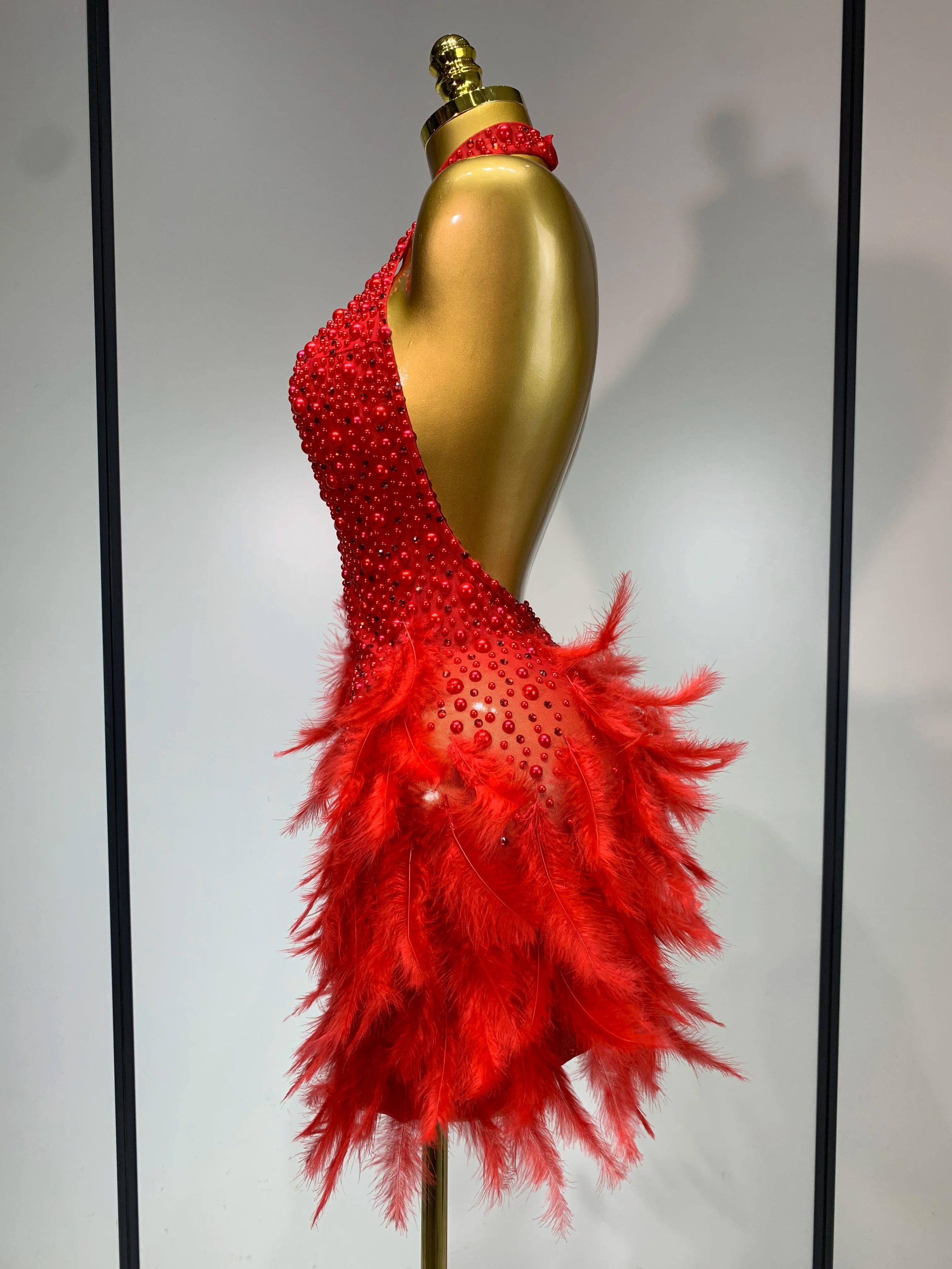 Luxury Rhinestones Pearls Halter Backless Short Feathers Dress