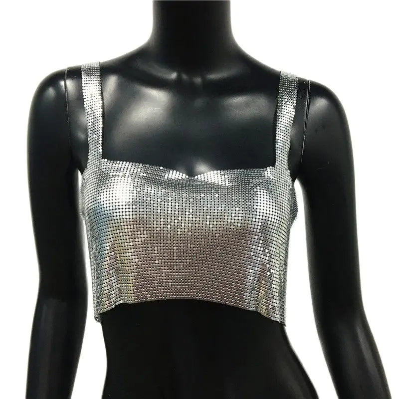 Bling Metallic Sequin Crop Top y2k Backless Straps Cropped Top