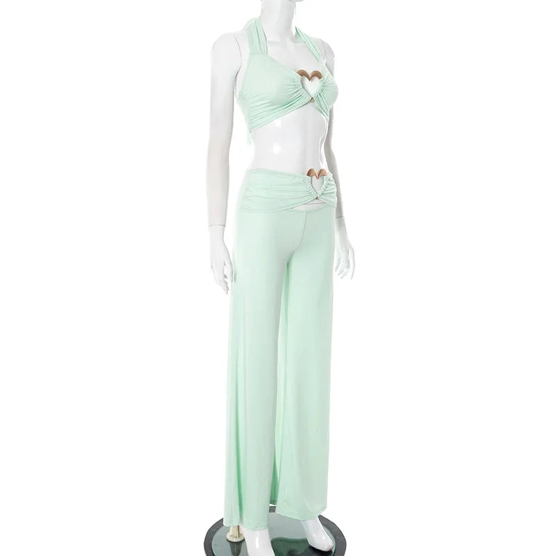 Metal Heart Buckle Lace Up Halter Backless Crop Tops + Wide Leg Pants Set