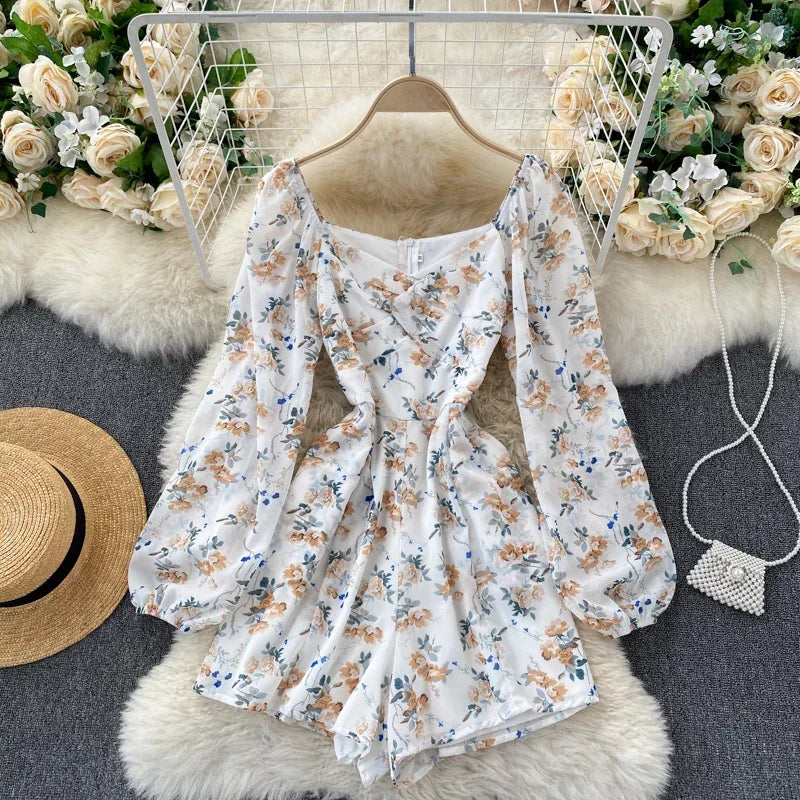 V-neck Puff Sleeves Folds Slim Floral Wide-leg Playsuit Jumpsuit